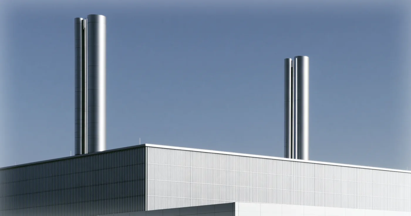 Deux cheminées en acier inoxydable au-dessus du toit d'une usine