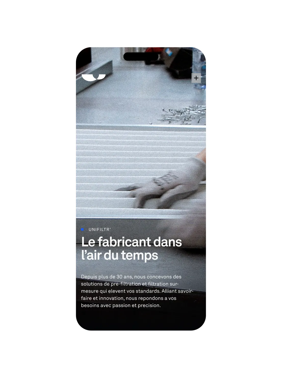 Site Unifiltr’ sur mobile, page d'accueil
