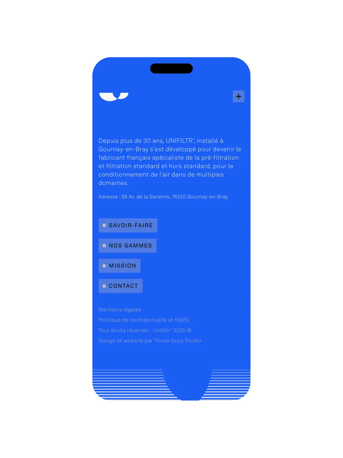 Site Unifiltr’ sur mobile, menu
